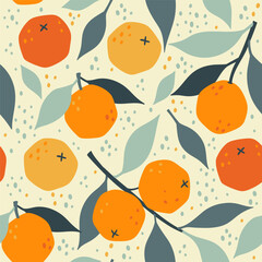 Wall Mural - Simple seamless pattern with oranges and leaves. Vector graphics.