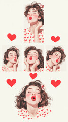 Playful woman expressing love with heart-themed poses and vibrant lips