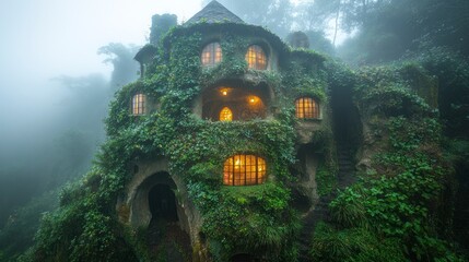 Wall Mural - Enchanted cottage covered in greenery in misty forest