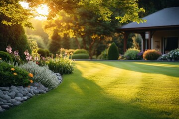 Sticker - Beautiful manicured lawn flowerbed landscape outdoors.