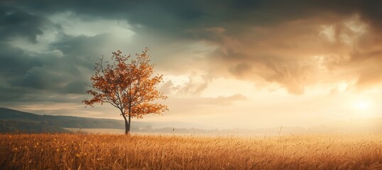 Wall Mural - A solitary tree stands in a golden field under a dramatic sky, showcasing the beauty of nature during sunset.