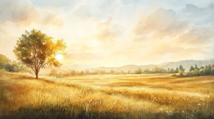 Sticker - A serene landscape featuring a solitary tree bathed in golden sunlight, surrounded by a vast field and gentle hills under a cloudy sky.