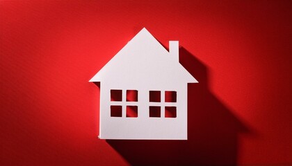 Wall Mural - paper house with long shadow on red background