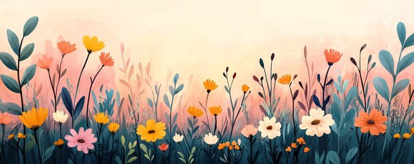 Wall Mural - A vibrant illustration of a colorful flower field with various blooms and gentle green leaves against a soft pastel background.