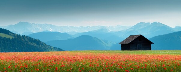 Sticker - A serene landscape featuring a colorful field of flowers, a rustic cabin, and majestic mountains in the background under a clear blue sky.