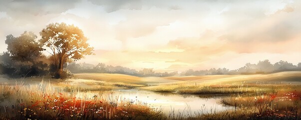 Sticker - A serene landscape featuring a calm river, golden fields, and soft, warm sunlight illuminating the scene.