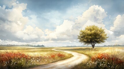 Sticker - A serene landscape featuring a winding path, lush green fields, vibrant flowers, and a solitary tree under a blue sky with fluffy clouds.