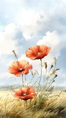 Wall Mural - A serene landscape featuring vibrant red poppies swaying gently in a grassy field under a soft blue sky with fluffy clouds.