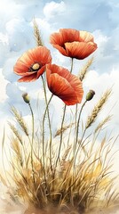 Wall Mural - A vibrant watercolor painting of red poppy flowers amidst golden wheat against a soft blue sky.