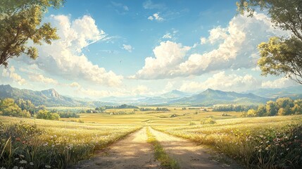 Sticker - A serene landscape featuring a winding dirt path leading through golden fields under a bright blue sky with fluffy clouds.