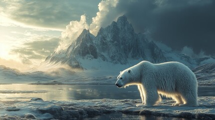 majestic polar bear in arctic landscape with dramatic mountain views and icy waters