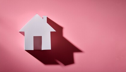 Wall Mural - paper house with long shadow on pink background