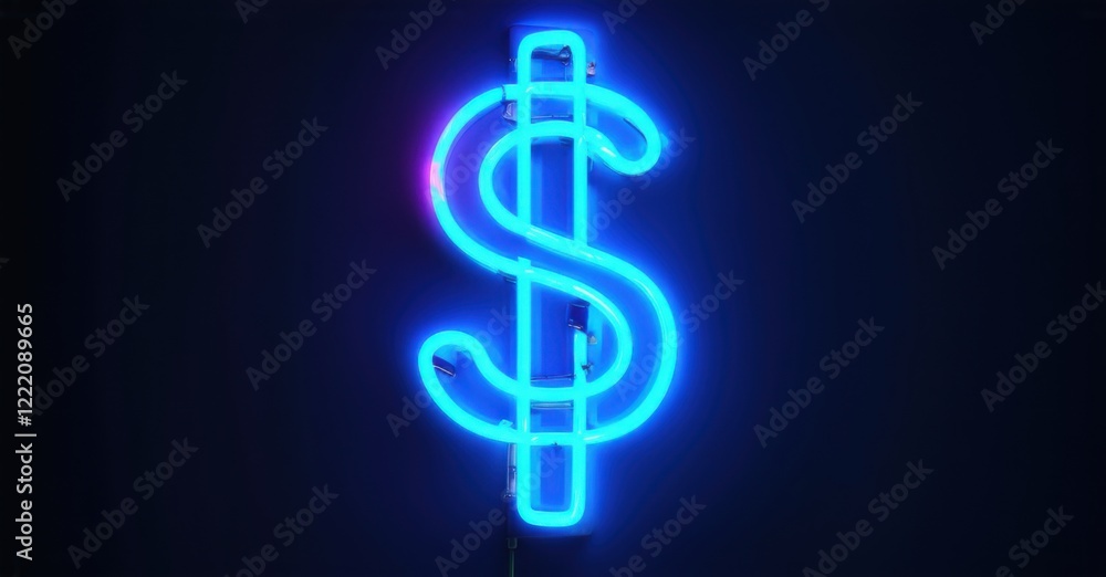 Glowing neon sign in the shape of a dollar symbol, flickering with ...