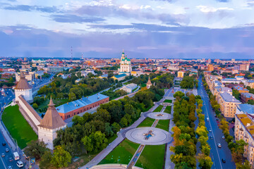 Wall Mural - Astrakhan, Russia. Watercolor illustration. Astrakhan Kremlin. Panorama of the city from the air in summer. Sunset time. Aerial view