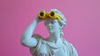 © Natchooda - A statue of a Greek goddess crafted from marble, holding yellow binoculars against a dynamic pink backdrop, combining classical elegance with a quirky, contemporary twist