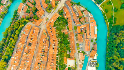 Wall Mural - Bern, Switzerland. Watercolor illustration. Historic street Kramgasse. Panorama of the city with a view of the historical center. Summer morning, Aerial View