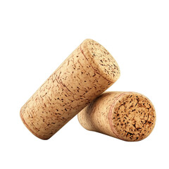 Poster - A high resolution image shows two wine corks lying against a plain black background.