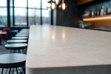 Leinwandbilder - Polished stone countertop highlighting delicate veining stands against metal stools and pendant lights, illuminated by soft daylight streaming in through large windows