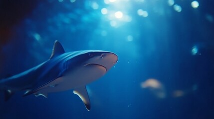Aufkleber - A blue shark glides smoothly through clear ocean waters, its vibrant hue contrasting beautifully with the soft, flowing background as it moves effortlessly