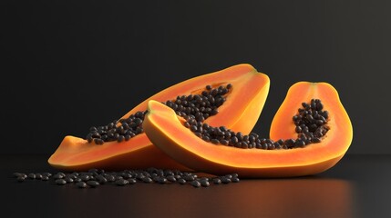 Wall Mural - 3D realistic fresh papayas and papaya seeds.