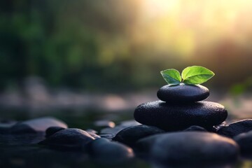 Aufkleber - A tranquil leaf rests on a stack of smooth stones, illuminated by soft light, surrounded by blurred foliage, evoking serenity and calmness in nature