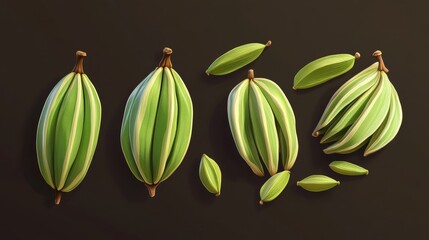 Wall Mural - 3D realistic green cardamom pods and seeds.