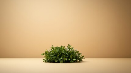 Poster - A single lush bush reveals vibrant green grass and scattered wildflowers, set against a soothing pastel yellow backdrop, creating a tranquil atmosphere