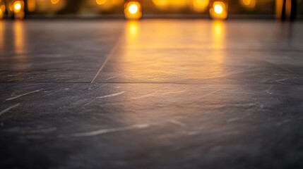 Aufkleber - Smooth black stone countertop reflects warm light, emphasizing elegance and modern design. The polished surface offers ample copy space for branding or messaging
