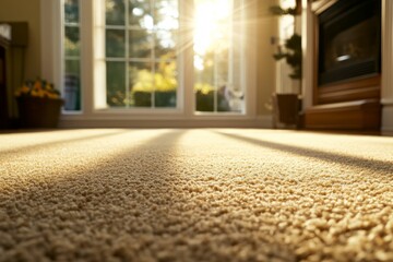 Aufkleber - Soft cream-colored carpet with plush fibers catches warm sunlight streaming through a nearby window, enhancing the comfort and tranquility of the room