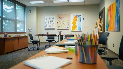 an image of a creative workshop in a conference room, with art supplies and brainstorming materials visible.