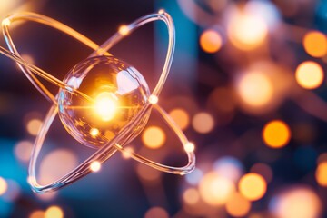Leinwandbilder - This visual features a close-up of an atomic structure model, showcasing glowing electrons orbiting a nucleus with intricate energy trails against a dark backdrop