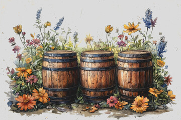 Vintage whiskey barrels adorned with colorful flowers rustic wooden texture aged wood charming display natural beauty perfect for home decor unique centerpiece vintage style warm ambiance