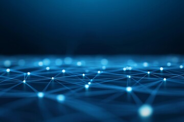 Fototapete - Interconnected glowing molecules shimmer in vibrant blue hues on a dark gradient background, creating a visually striking look with ample copy space for text