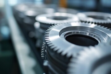 Poster - Close-up view reveals silver metallic engine gear wheels intricately arranged on an industrial background. Soft lighting enhances their precision and complexity