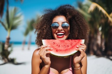 Canvas Print - Glasses sunglasses watermelon beach.