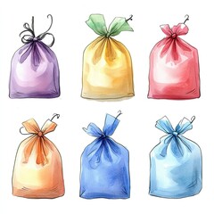 Six colorful gift bags with bows isolated on white background.