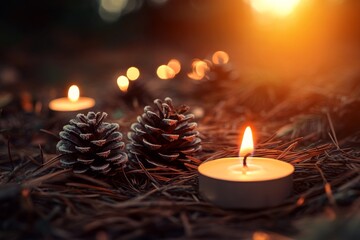 Poster - Frosted pine cones and layered pine needles create a Christmas arrangement, illuminated by warm candlelight, evoking a cozy holiday atmosphere