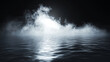 © Sehraye - Water surface with magic neon glow from inside and smoke on top. Mystery dark background with spooky white light from underwater and fog. Realistic 3d night vector illustration with flare and steam.