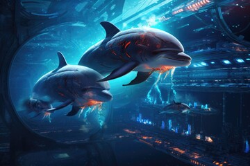 Exploring underwater cyberspace with digital dolphins swimming through a futuristic ocean filled with glowing neon structures and vibrant aquatic life