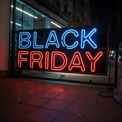 Neon sign Black Friday glowing text blue and red neon tubes dark background