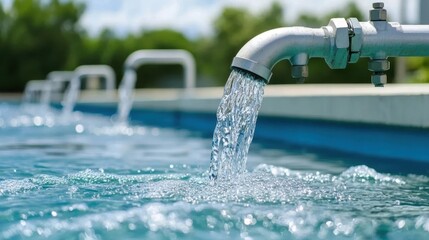 A close-up of water flowing from a metal faucet into a swimming pool, showcasing clear blue water and lush green surroundings.