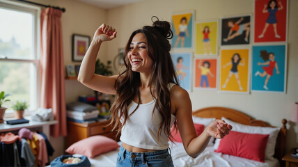 Teenage girl joyfully dancing while styling hair in bedroom, youthful energy