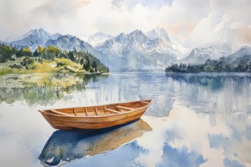Naklejka na meble Serene Waterscape with a Wooden Boat and Majestic Mountains