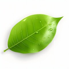 Wall Mural - Macro close up photography of a single green leaf with water droplets glistening on a transparent studio background  Vibrant fresh and natural botany imagery