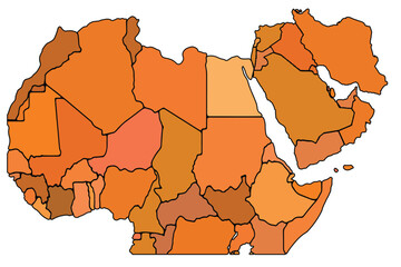 Middle East map with regions vector illustration,Middle East Political map and administrative divisions, vector illustration map of Middle East with borders, earth tone color of Middle East.