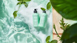 © Sehraye - Cosmetic products in water splash with mint leaves. Vector realistic brand poster with shampoo and conditioner in blue tube for hair care. Promo banner, advertising background
