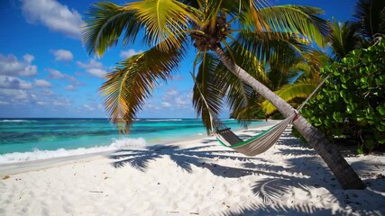 Aufkleber - A tropical beach with leaning palm trees, turquoise waves, and a hammock gently swaying in the breeze.
