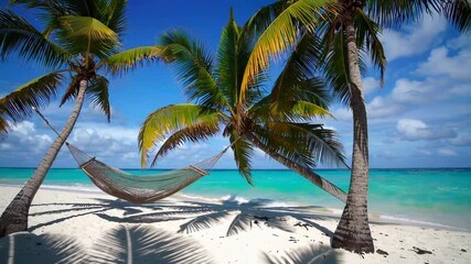 Aufkleber - A tropical beach with leaning palm trees, turquoise waves, and a hammock gently swaying in the breeze.
