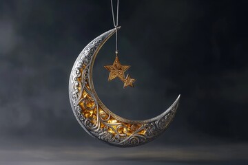 Wall Mural - Ornate silver crescent moon and stars hanging ornament against dark background.