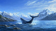 © Sahraya - Humpback whale tale above sea water, mountain landscape on horizon, seagulls flying in blue sky. Vector cartoon illustration of huge marine mammal animal diving in ocean bay, wildlife observation